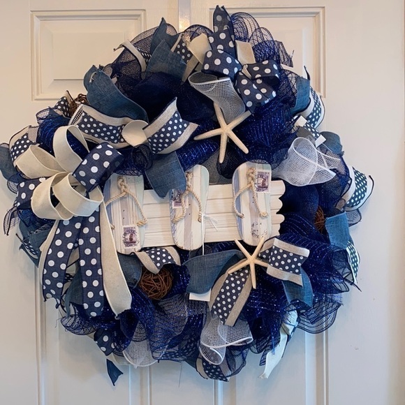 Life Is a Beach Lake Summer Blue Nautical Flip Flop Wreath Handmade Pool Decor